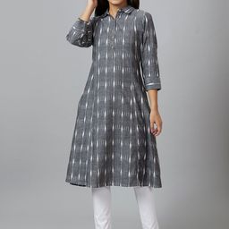 Globus Grey & White Geometric Woven Design Shirt Collar Pure Cotton A-Line Kurta-picture-45