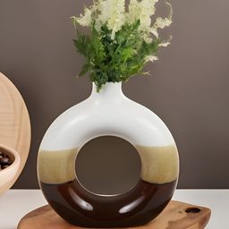 Kaolinite Brown & White Donut Shaped Ceramic Flower Vase-image-8