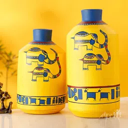 AAKRITI ART CREATIONS Yellow & Blue 2 Pieces Printed Terracotta Vases-image-14