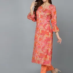 AHIKA Peach-Coloured & Orange Floral Printed Gotta Patti Straight Kurta-picture-12