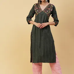 FASHOR Olive Green & Pink Ethnic Motifs Yoke Design V Neck Thread Work Kurta-picture-18