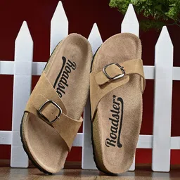The Roadster Lifestyle Co. Camel Brown Leather Open Toe Flats With Buckles-9