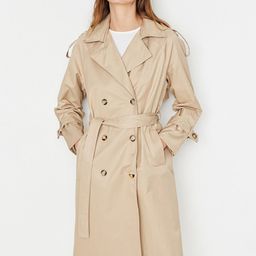 Trendyol Women Beige Solid Cotton Notched Lapel Collar Coats-image-99