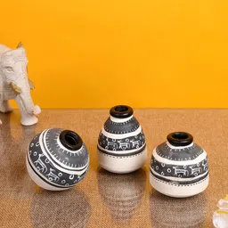 AAKRITI ART CREATIONS Set of 3 White & Black Warli Print Miniature Vases-27