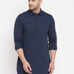 Hypernation Men Navy Blue Pathani Kurta-image-92