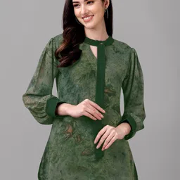 GUFRINA Green Print Keyhole Neck Georgette Longline Top-image-22
