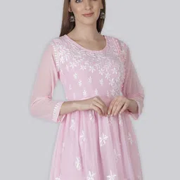 Seva Chikan Ethnic Motifs Chikankari Embroidered Angrakha A line Kurti With Slip-picture-16