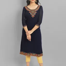 Femvy Floral Embroidered Georgette Straight Kurta-image-4
