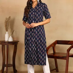 mokshi Ethnic Motifs Short Sleeves Shirt Collar Thread Work Kurta-image-42