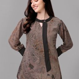 GUFRINA Grey & Black Print Keyhole Neck Georgette Longline Top-picture-15