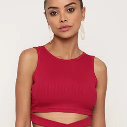 Sugathari Women Magenta Ribbed Tank Crop Top-picture-2