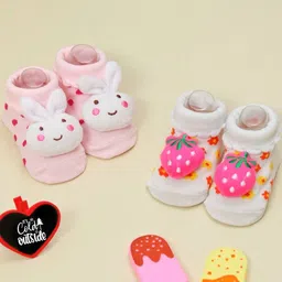 Yellow Bee Girls Pack Of 2 Printed Bunny and Strawberry Cotton Ankle-Length Socks-image-31