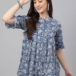 Janasya Women Blue Cotton Floral Print Flared Top-image-82