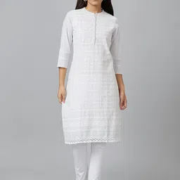 Globus White Ethnic Motifs Embroidered Mandarin Collar Chikankari Kurta-picture-27