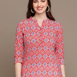 HERE&NOW Red & White Ethnic Motif Printed Pure Cotton Kurti-22