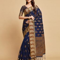 GAJARAI Navy Blue & Copper-Toned Paisley Zari Art Silk Chanderi Saree-image-89