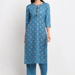 BLANC9 Women Teal Geometric Printed Kurta-image-35