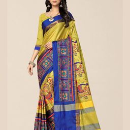 SERONA FABRICS Yellow & Blue Ethnic Motifs Embroidered Silk Cotton Saree With Blouse Piece-image-36