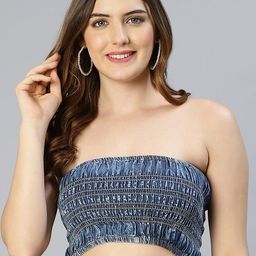 Oxolloxo Women Blue Smocked Tube Pure Cotton Crop Top-picture-27