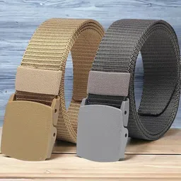 The Roadster Lifestyle Co. Men Beige & Grey Set Of 2 Textured Canvas Belts-image-99