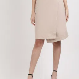CENTRESTAGE Women Beige Solid Slim-Fit Wrap-Around Knee-Length Skirt-image-113