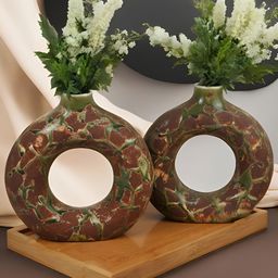 Kaolinite Green & Brown 2 Pieces Rock Pattern Donut-Shaped Ceramic Flower Vase-image-32