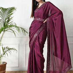 Pionex Embroidered Sequinned Pure Chiffon Belted Saree-30