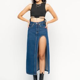 FREAKINS Blue Front High Slit Midi Denim Straight Skirts-picture-42