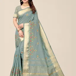 SERONA FABRICS Turquoise Blue & Gold-Toned Embellished Embroidered Silk Cotton Saree-picture-45