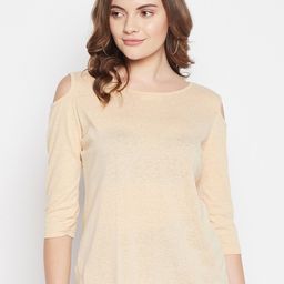 Crozo By Cantabil Women Beige Solid Cold Shoulder Sleeves Top-picture-14