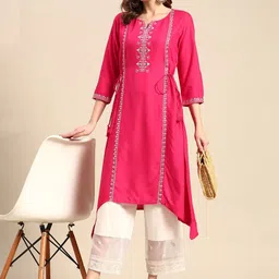PIMU Floral Embroidered Notch Neck Mirror Work A-Line Kurta-image-36