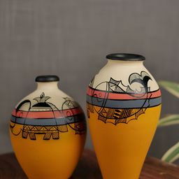 ARTYSTA BEAUTIFYING LIVES Mustard Yellow & Black Printed Teracotta Flower Vases-image-59
