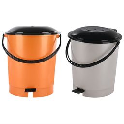 Kuber Industries 2-Pcs White & Orange Colored Check Dhakkan Pedal Dustbins - 7 Ltrs-48