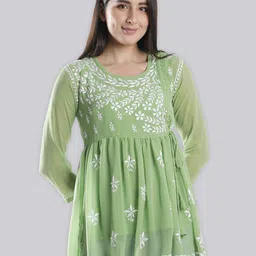 Seva Chikan Ethnic Motifs Embroidered Chikankari Angrakha Kurti With Slip-picture-15