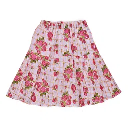 Fashionable Girls Pink & Green Floral Printed A-Line Pure Cotton Skirt-picture-17
