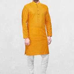 SHIWAM ETHNIX Men Cotton Yellow Geometric Block Print Kurta-18