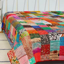 HANDICRAFT PALACE Red & Blue Patch Work Silk Bed Covers-image-76