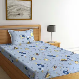 Arrabi Grey & Blue Cartoon Characters 300 TC Single Bedsheet with 1 Pillow Covers-picture-29
