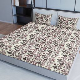 Sangria Maroon Printed Pure Cotton 200 TC Fitted King Bedsheet With 2 Pillow Covers-image-89