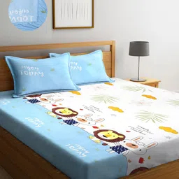 Arrabi Blue & White Cartoon Characters 300 TC King Bedsheet with 2 Pillow Covers-image-25