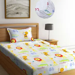 Arrabi Multi Cartoon 300 TC Cotton Blend Single Size Fitted Bedsheet with 1 Pillow Cover-image-13
