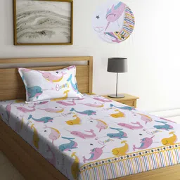 Arrabi White Cartoon 300 TC Cotton Blend Single Size Fitted Bedsheet with 1 Pillow Cover-image-11