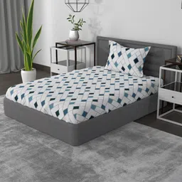 ROSARA HOME Blue & White Geometric 144 TC Cotton Single Bedsheet with 1 Pillow Covers-image-96