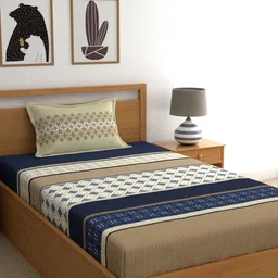 Home Ecstasy Blue & White Ethnic Motifs 140 TC Single Bedsheet with 1 Pillow Covers-10