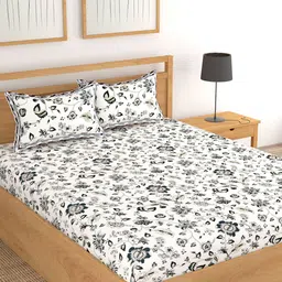Lali Prints White & Grey Printed Cotton 250 TC King Bedsheet with 2 Pillow Covers-image-33