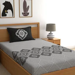 Dreamscape Grey & Black Ethnic Motifs 140 TC Single Bedsheet with 1 Pillow Cover-picture-24