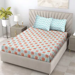 TARAN LIVING Sea Green & White Floral 120 TC Cotton Queen Bedsheet & 2 Pillow Covers-39