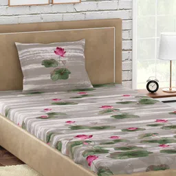 PETAL HOME Beige & Green Floral 300 TC Single Bedsheet with 1 Pillow Covers-image-42