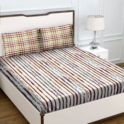BELLA CASA Brown & White Striped 180 TC King Bedsheet with 2 Pillow Covers-image-38