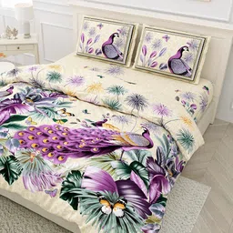EasyGoods Cream-Coloured & Purple Floral 300 TC King Bedsheet with 2 Pillow Covers-21